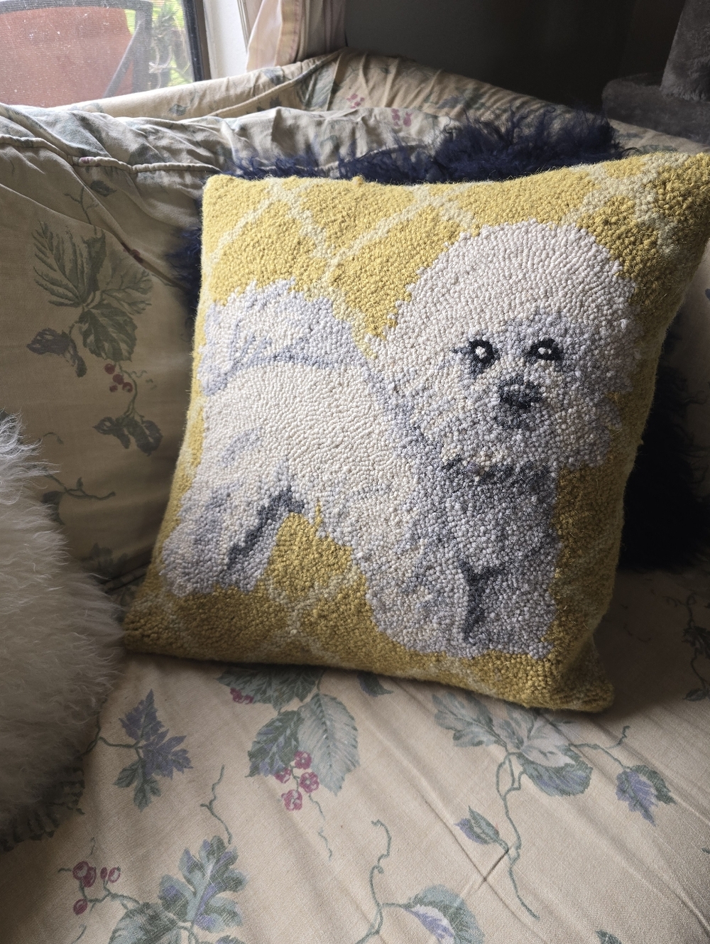 Bichon Frise Hooked Throw Pillow in Mustard Yellow 17x17